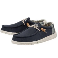 'Hey Dude' Men's Wally Break Stitch - Navy -Hey Dude Shop 110792568 WALLY LINEN NATURAL NAVY LEFT 2 1 1024x1024@2x